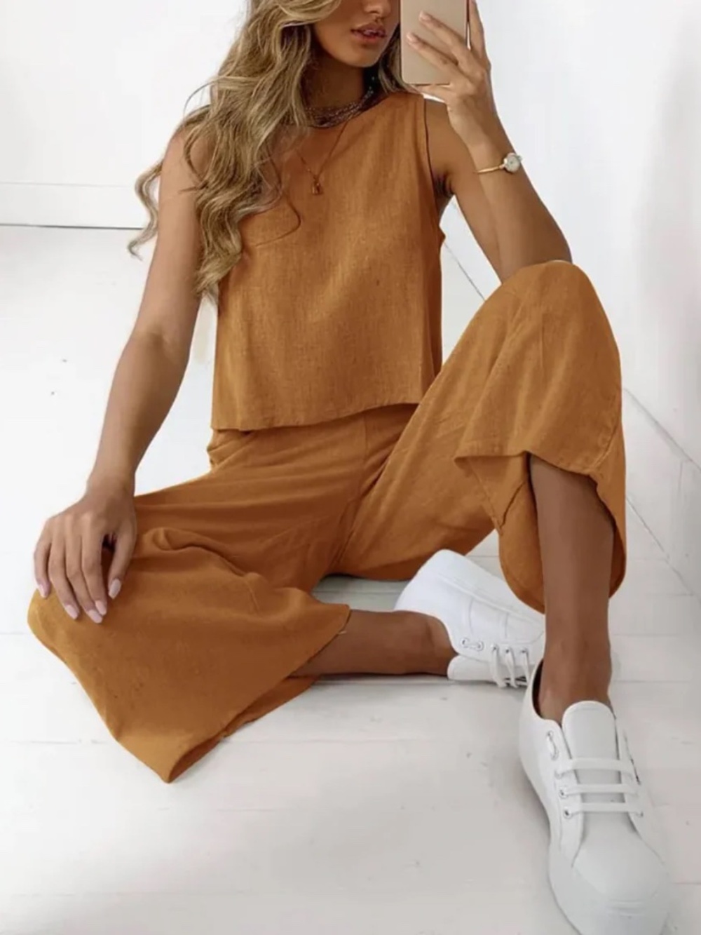 NWT Harper & Lane 2 piece brown sleevless top & wide leg bottom set size S